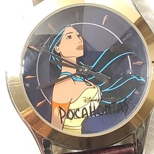 Vintage Disney Pocahontas Women's Watch Gold Tone Brown Leather Strap S Steel
